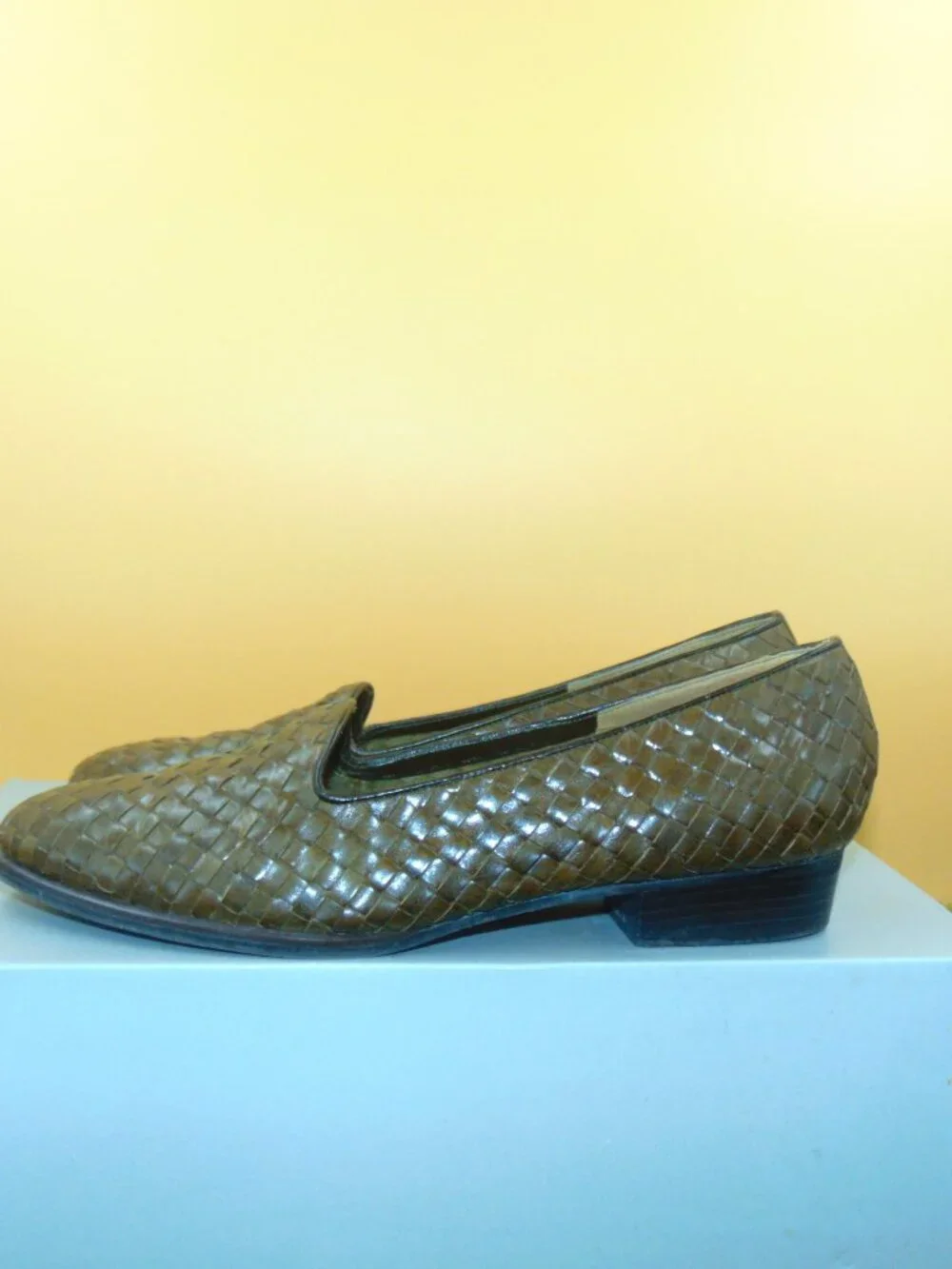 Vintage Selby Dianna Woven Leather Loafers Flats Womens 9.5 D Olive Brown 1980s